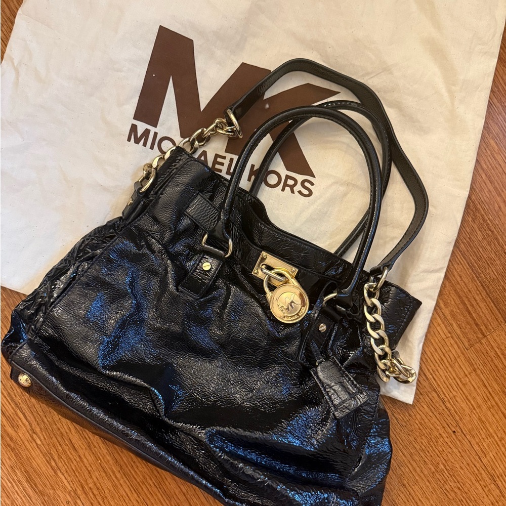 Michael Kors Glossy Black Shoulder Bag with Gold Chains